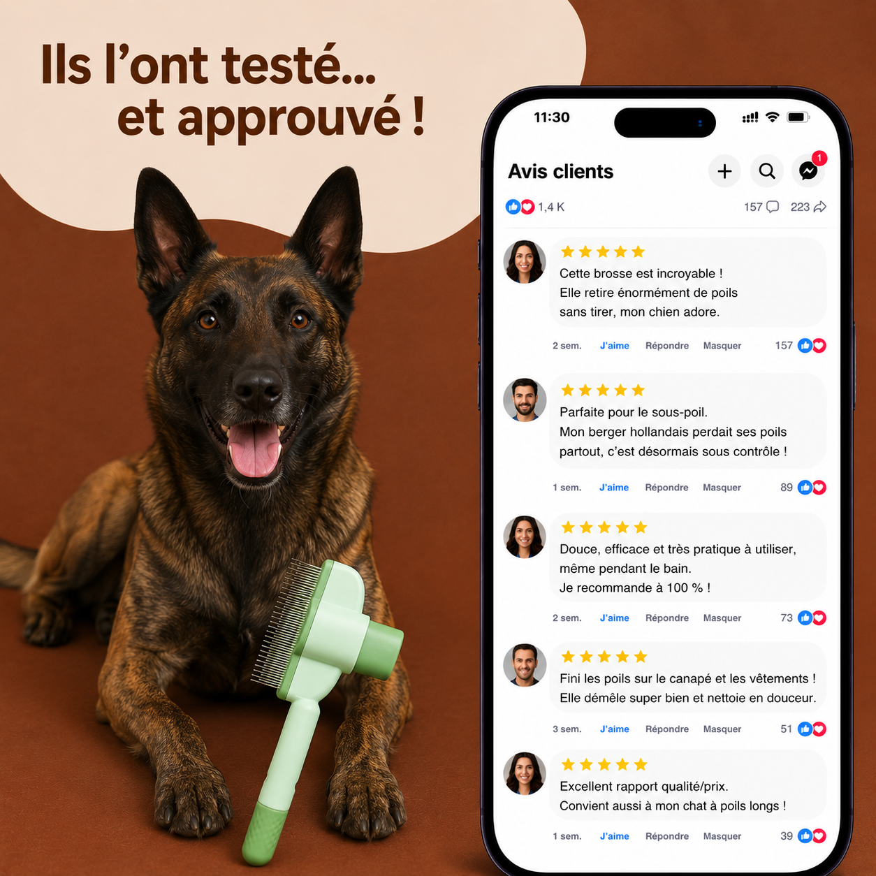 Brosse Toilettage Anti-Poils pour chien — poils collectés