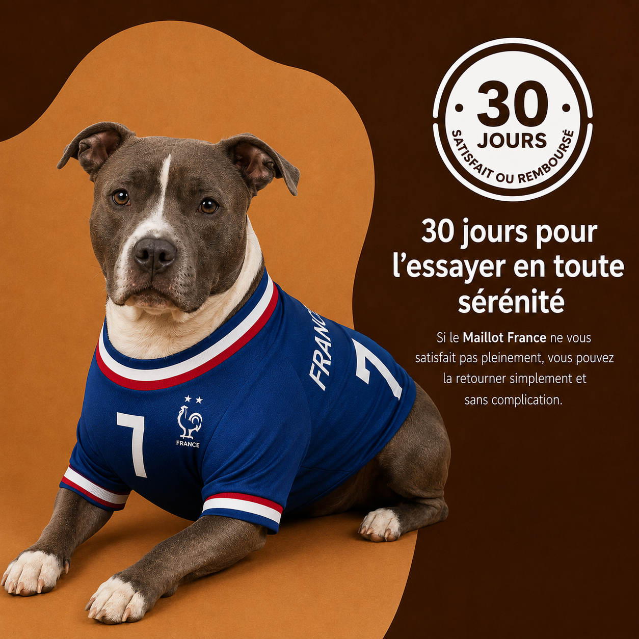 Maillot France pour chien — vue côté, numéro brodé