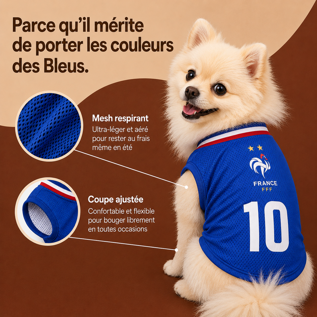 Maillot France pour chien — zoom tissu mesh respirant