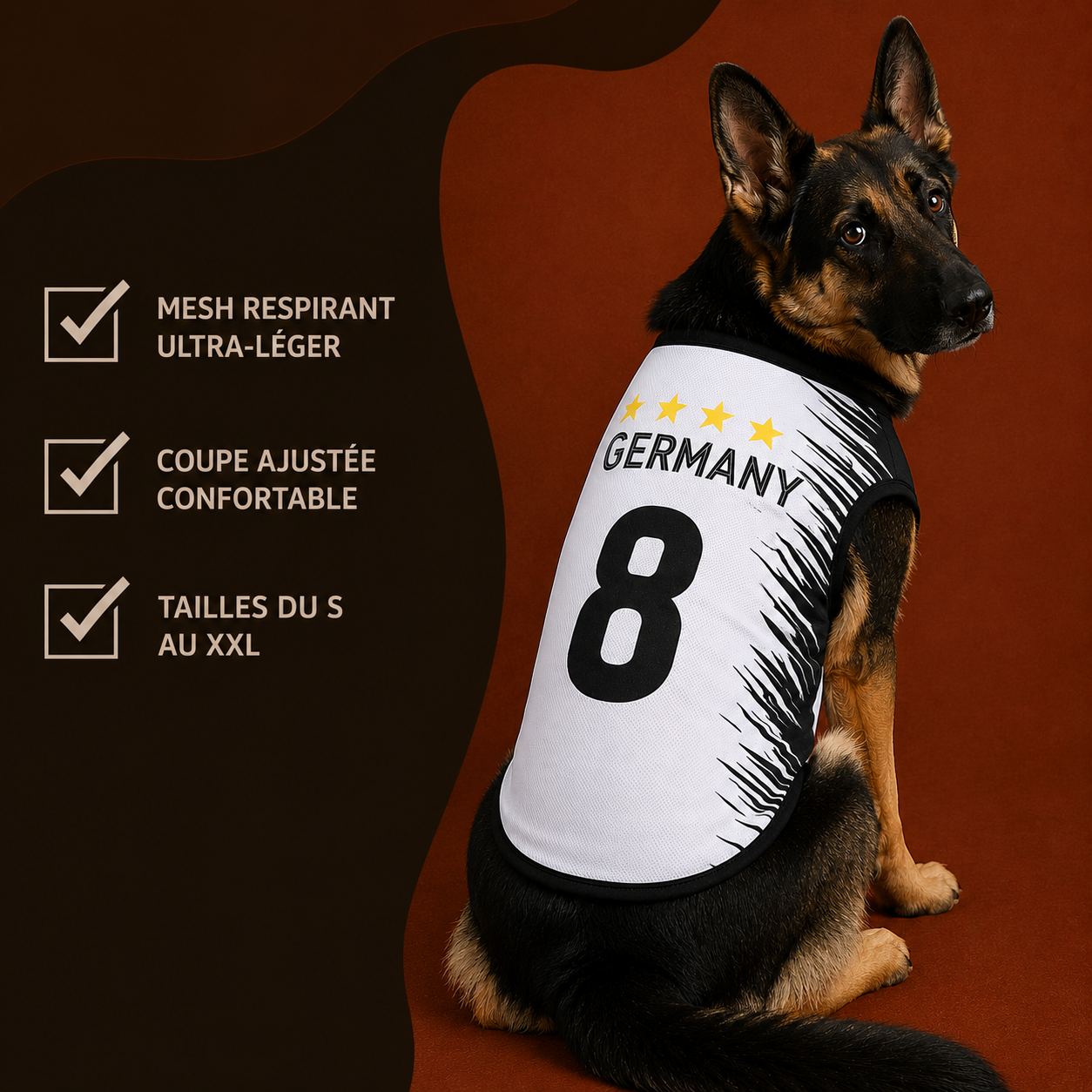 Maillot multi-nations pour chien — porté par un chien
